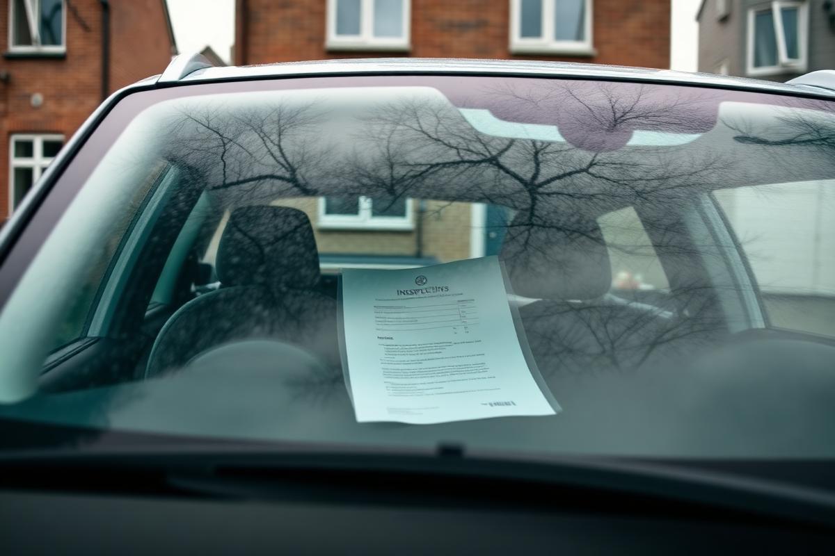 Zilvergrijze gezinswagen op de oprit met een keuringsblad op het dashboard